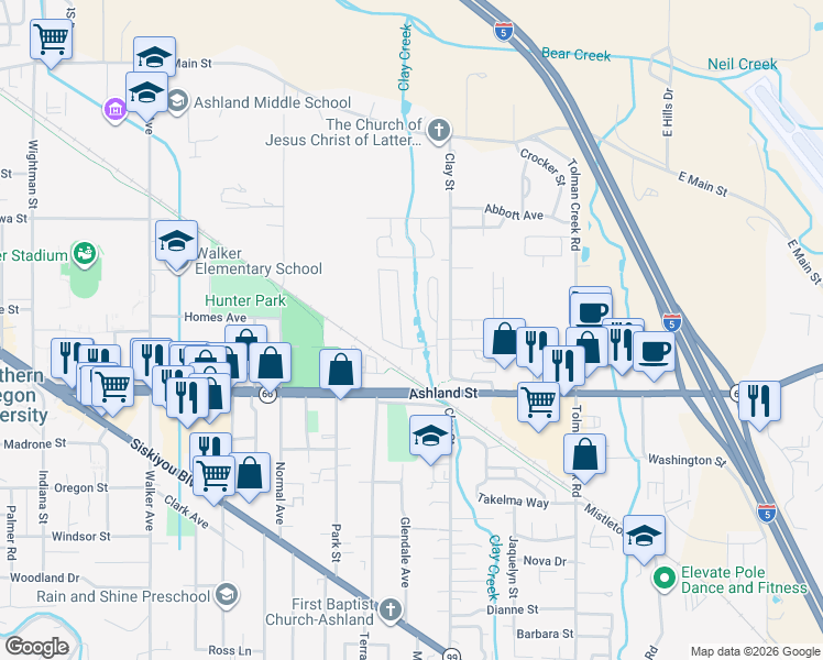 map of restaurants, bars, coffee shops, grocery stores, and more near 321 Clay Street in Ashland