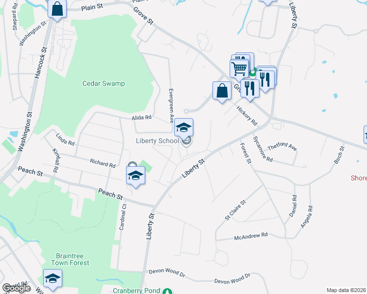 map of restaurants, bars, coffee shops, grocery stores, and more near 49 Proctor Road in Braintree