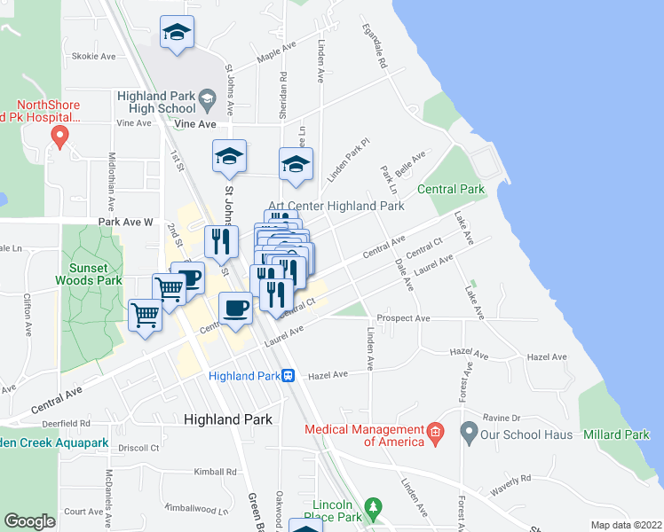 map of restaurants, bars, coffee shops, grocery stores, and more near 1942 Linden Avenue in Highland Park