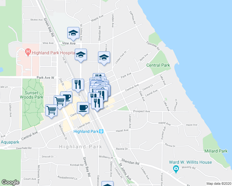 map of restaurants, bars, coffee shops, grocery stores, and more near 1942 Linden Avenue in Highland Park