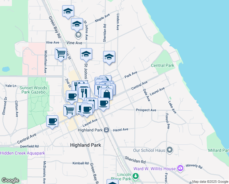 map of restaurants, bars, coffee shops, grocery stores, and more near 392 Park Avenue in Highland Park