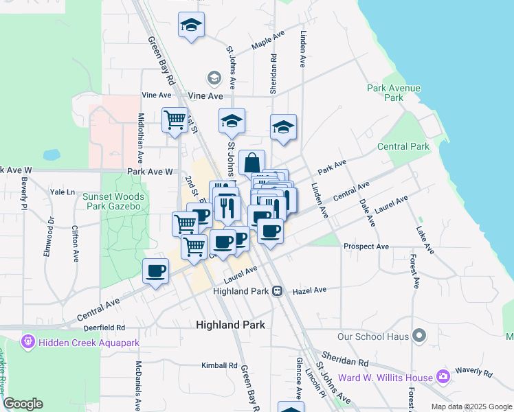 map of restaurants, bars, coffee shops, grocery stores, and more near 1935 Sheridan Road in Highland Park