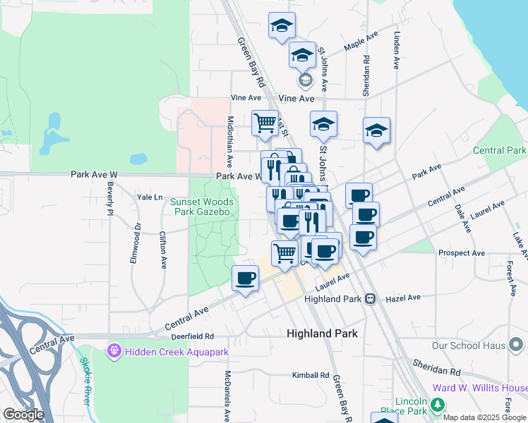 map of restaurants, bars, coffee shops, grocery stores, and more near 1910 Green Bay Road in Highland Park