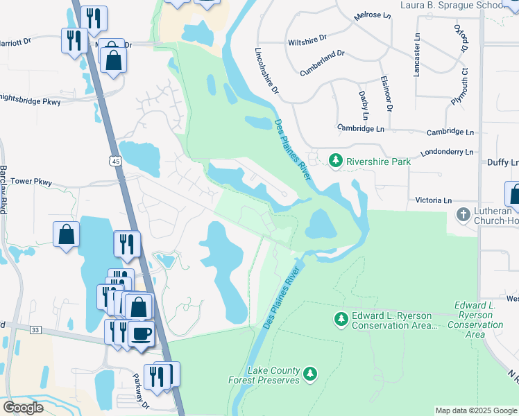 map of restaurants, bars, coffee shops, grocery stores, and more near 51 Woodland Trail in Lincolnshire
