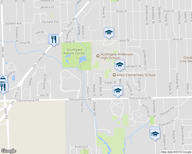 map of restaurants, bars, coffee shops, grocery stores, and more near 16523 Walter Street in Southgate