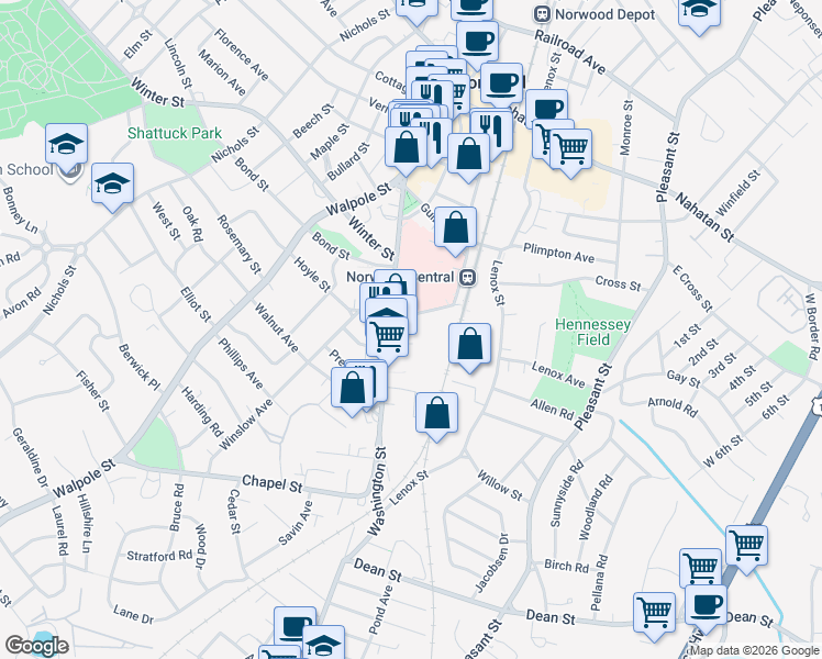 map of restaurants, bars, coffee shops, grocery stores, and more near 13 East Hoyle Street in Norwood