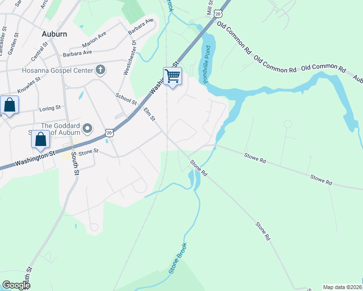 map of restaurants, bars, coffee shops, grocery stores, and more near 39 Elm Street in Auburn