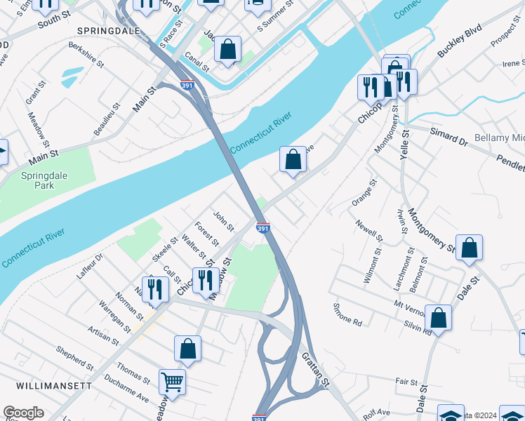map of restaurants, bars, coffee shops, grocery stores, and more near 1 Saint Louis Avenue in Chicopee