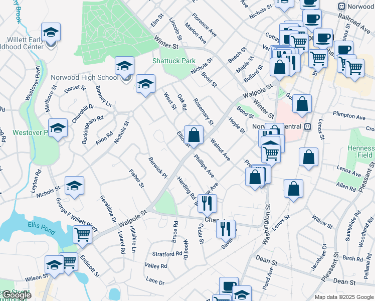 map of restaurants, bars, coffee shops, grocery stores, and more near in Norwood