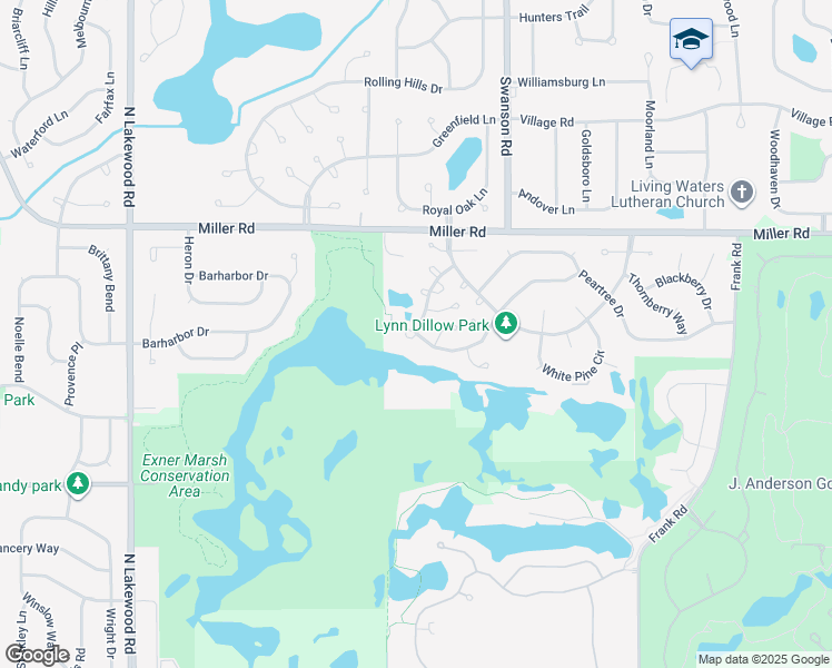 map of restaurants, bars, coffee shops, grocery stores, and more near Larkspur Lane & Dogwood Lane in Lake in the Hills
