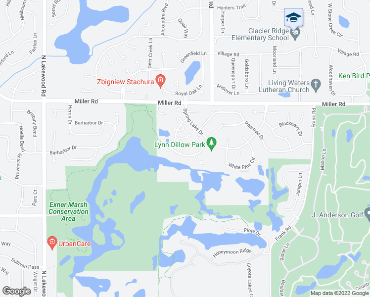 map of restaurants, bars, coffee shops, grocery stores, and more near 6 Redbud Court in Lake in the Hills