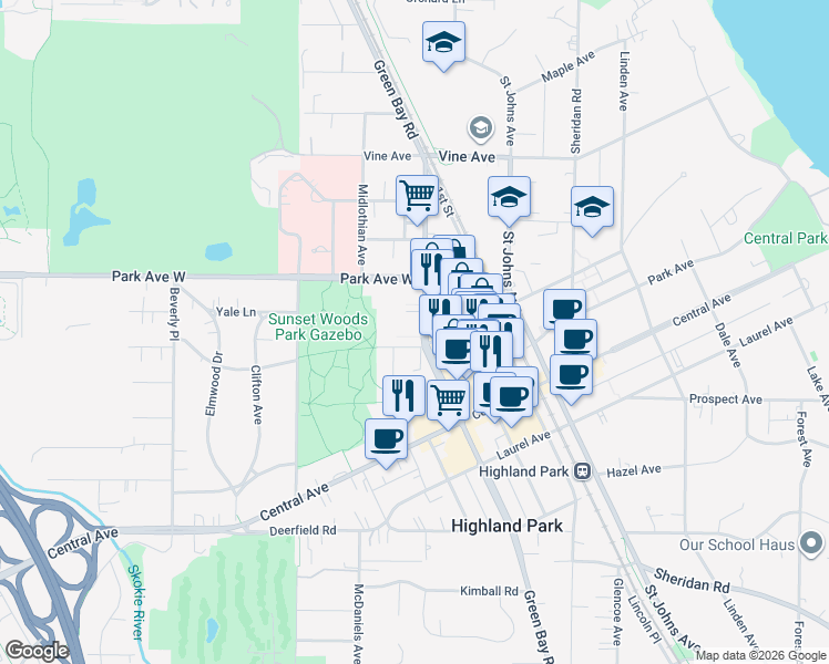 map of restaurants, bars, coffee shops, grocery stores, and more near 1910 Green Bay Road in Highland Park