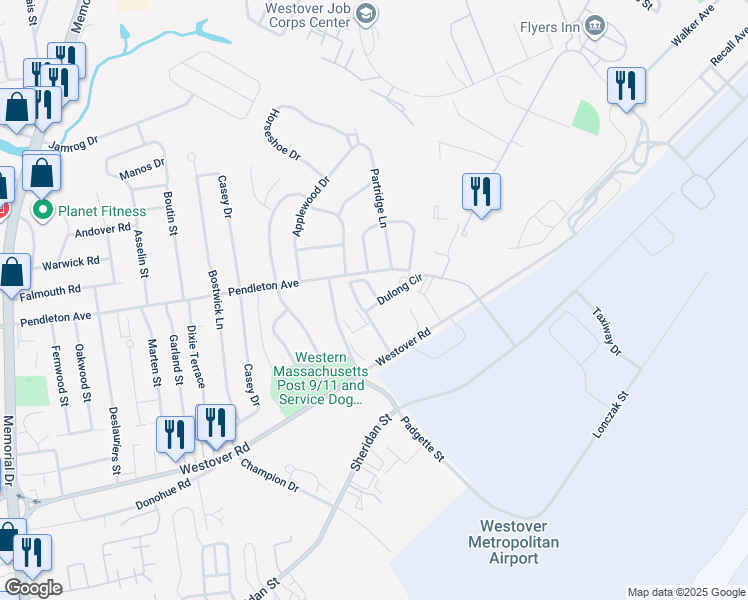 map of restaurants, bars, coffee shops, grocery stores, and more near 134 Dulong Circle in Chicopee