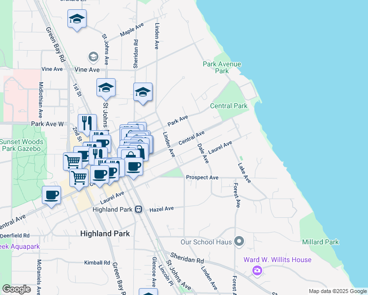 map of restaurants, bars, coffee shops, grocery stores, and more near 294 Central Avenue in Highland Park