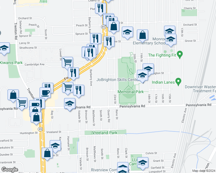 map of restaurants, bars, coffee shops, grocery stores, and more near 16834 Quarry Road in Wyandotte
