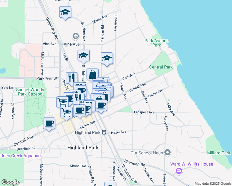 map of restaurants, bars, coffee shops, grocery stores, and more near 381 Central Avenue in Highland Park