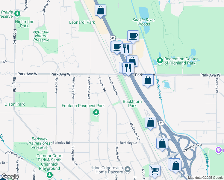 map of restaurants, bars, coffee shops, grocery stores, and more near 1918 McCraren Road in Highland Park