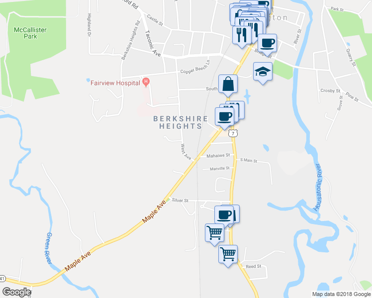 map of restaurants, bars, coffee shops, grocery stores, and more near 135 West Avenue in Great Barrington