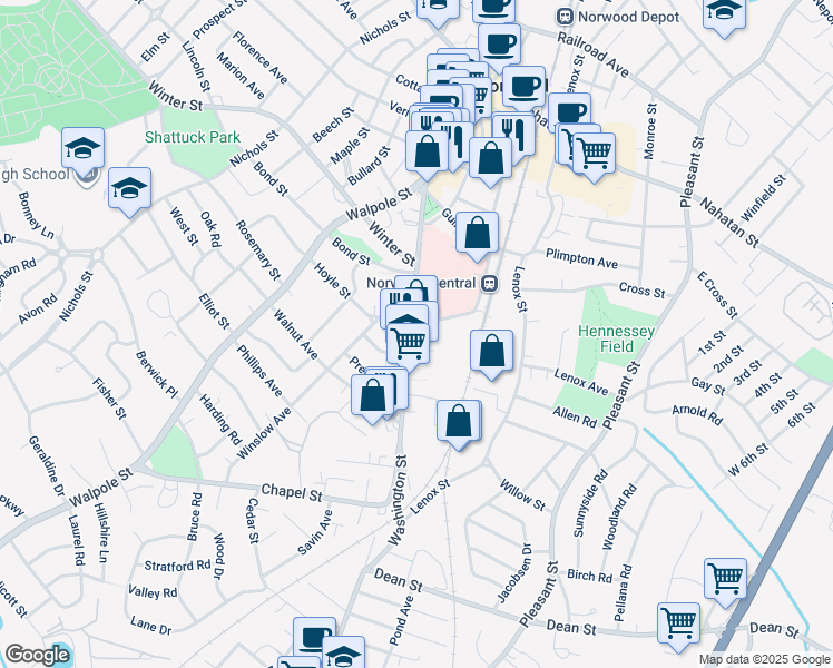 map of restaurants, bars, coffee shops, grocery stores, and more near 15 East Hoyle Street in Norwood