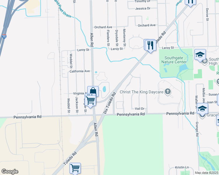 map of restaurants, bars, coffee shops, grocery stores, and more near 16505 Grace Court in Southgate