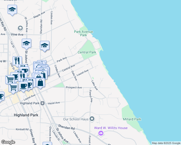 map of restaurants, bars, coffee shops, grocery stores, and more near 1923 Lake Avenue in Highland Park