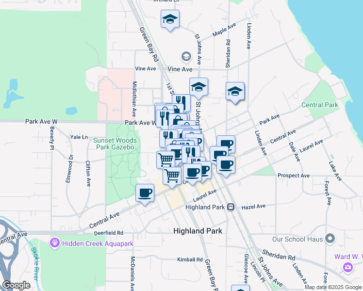 map of restaurants, bars, coffee shops, grocery stores, and more near 655 Elm Place in Highland Park