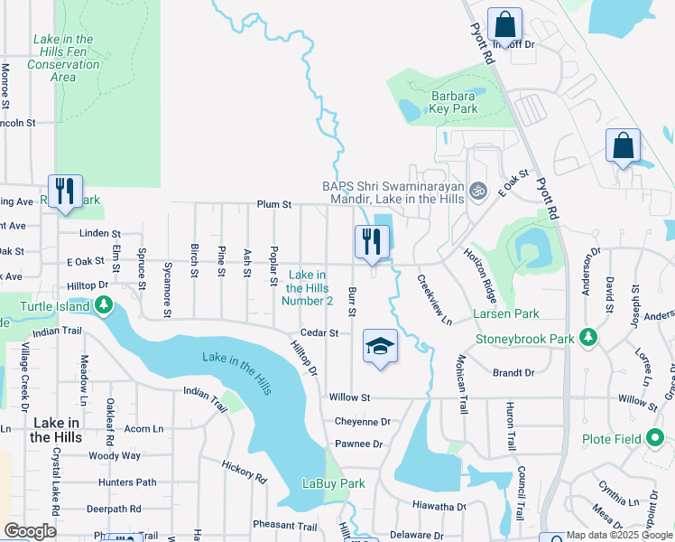 map of restaurants, bars, coffee shops, grocery stores, and more near 504 East Oak Street in Lake in the Hills