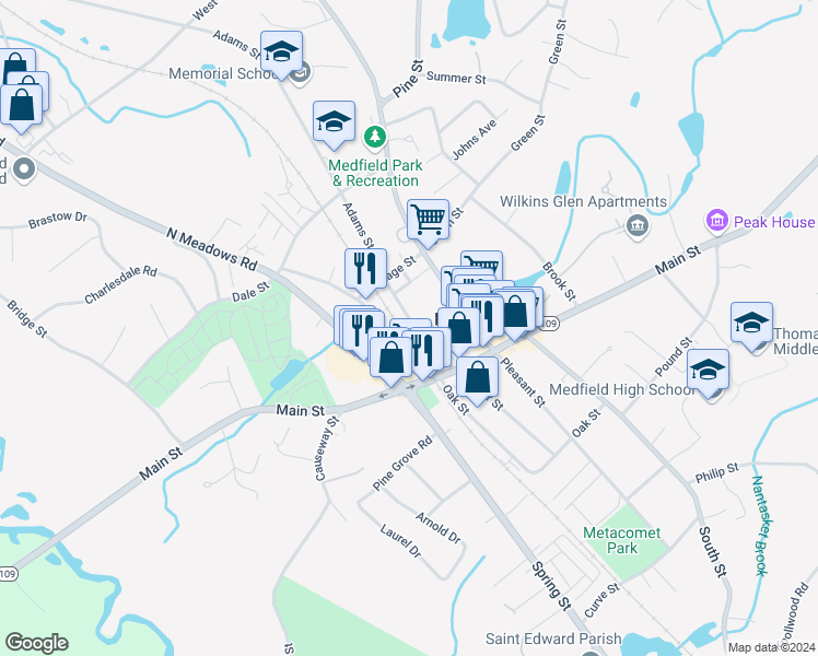 map of restaurants, bars, coffee shops, grocery stores, and more near 12 Vinald Road in Medfield