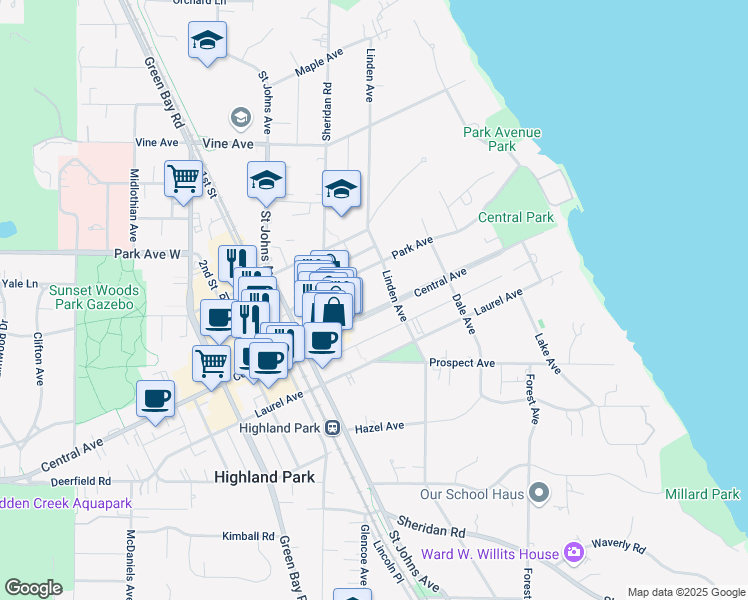 map of restaurants, bars, coffee shops, grocery stores, and more near 375 Central Avenue in Highland Park