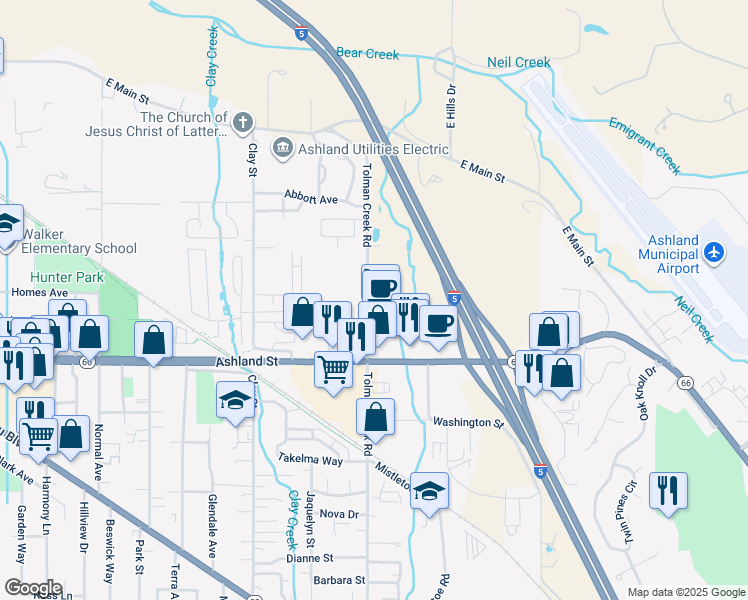 map of restaurants, bars, coffee shops, grocery stores, and more near 350 Tolman Creek Road in Ashland