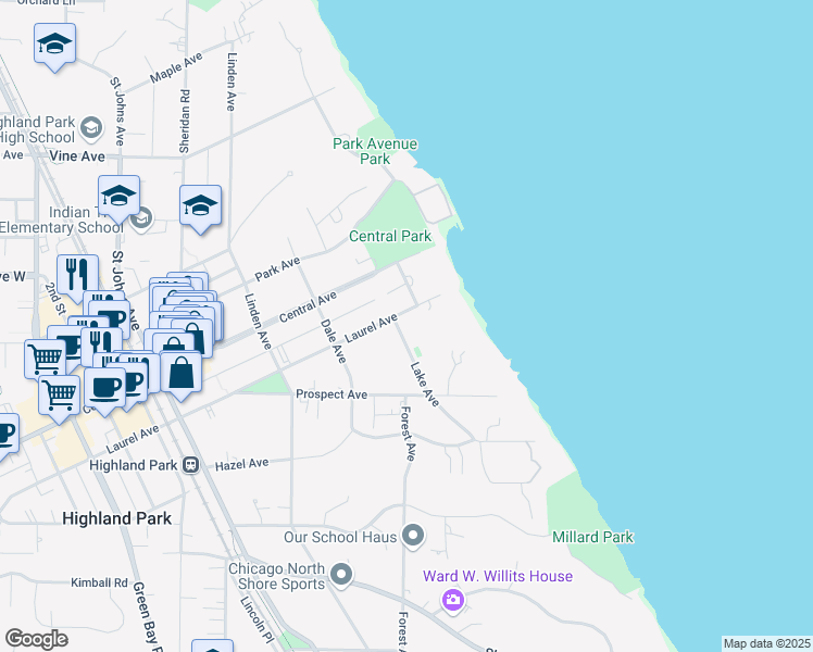 map of restaurants, bars, coffee shops, grocery stores, and more near 1923 Lake Avenue in Highland Park