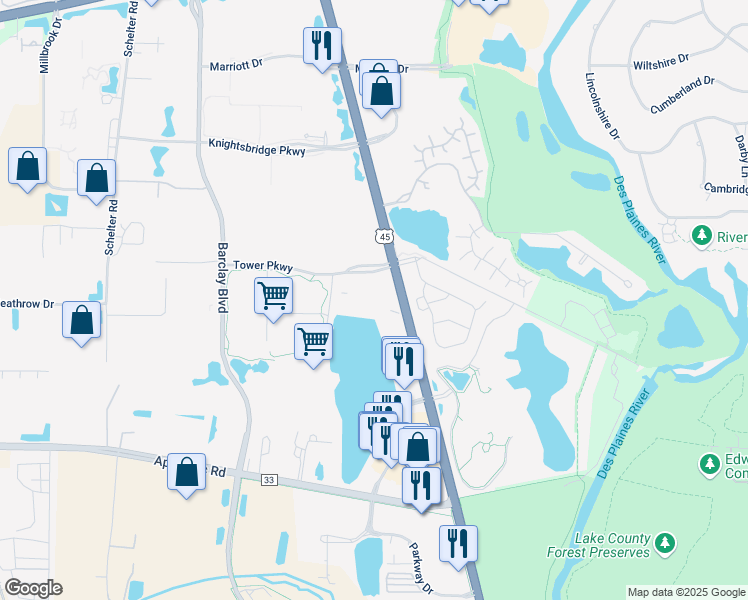 map of restaurants, bars, coffee shops, grocery stores, and more near 300 Tower Parkway in Lincolnshire