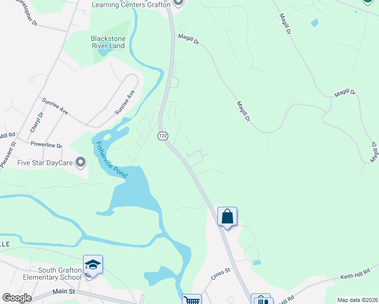 map of restaurants, bars, coffee shops, grocery stores, and more near 191 Providence Road in Grafton