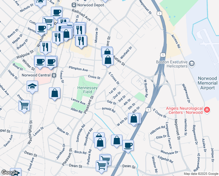 map of restaurants, bars, coffee shops, grocery stores, and more near 24 Sunnyside Road in Norwood