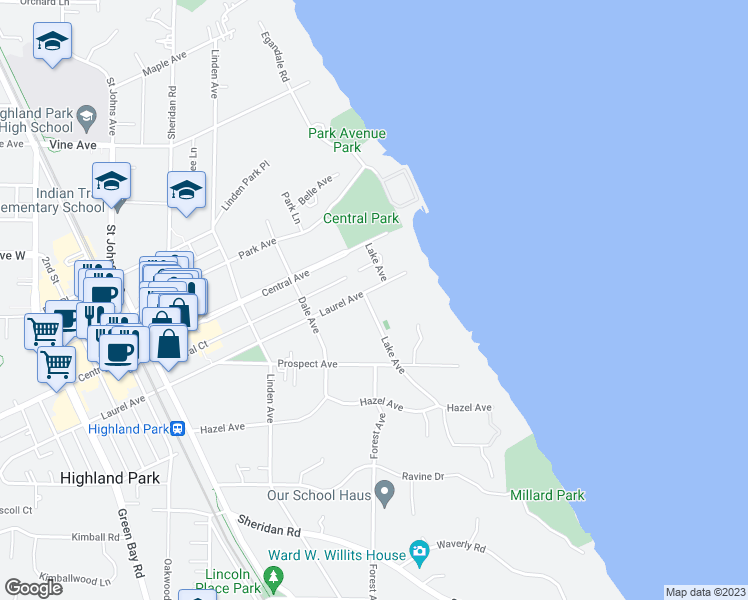 map of restaurants, bars, coffee shops, grocery stores, and more near 1923 Lake Avenue in Highland Park