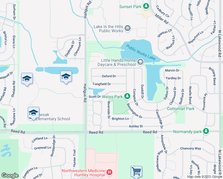 map of restaurants, bars, coffee shops, grocery stores, and more near 10418 Scott Dr in Huntley