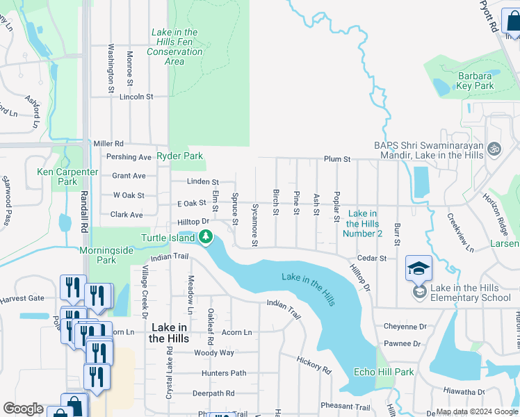 map of restaurants, bars, coffee shops, grocery stores, and more near 1118 Sycamore Street in Lake in the Hills