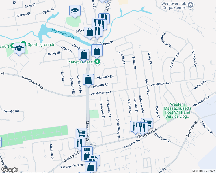 map of restaurants, bars, coffee shops, grocery stores, and more near 75 Falmouth Road in Chicopee