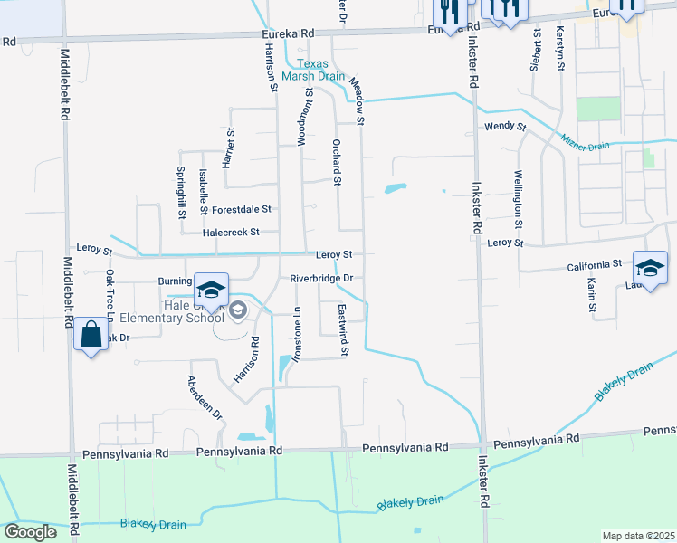 map of restaurants, bars, coffee shops, grocery stores, and more near 28058 Riverbridge Dr in Romulus