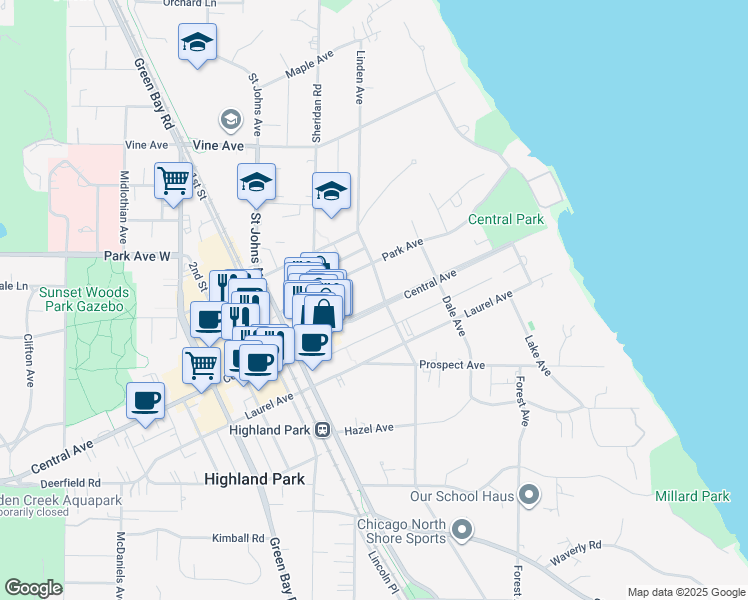 map of restaurants, bars, coffee shops, grocery stores, and more near 357 Central Avenue in Highland Park