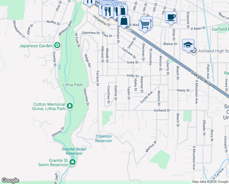 map of restaurants, bars, coffee shops, grocery stores, and more near 413 Guthrie Street in Ashland