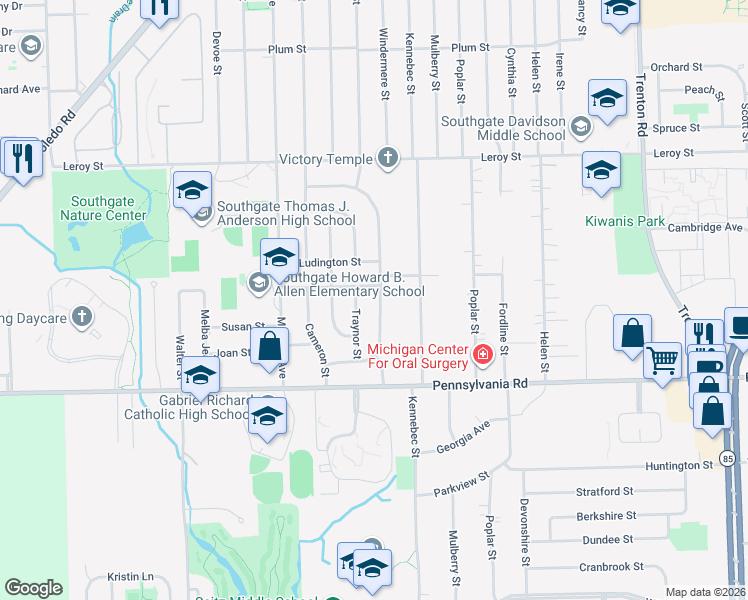 map of restaurants, bars, coffee shops, grocery stores, and more near 16550 Windermere Circle in Southgate