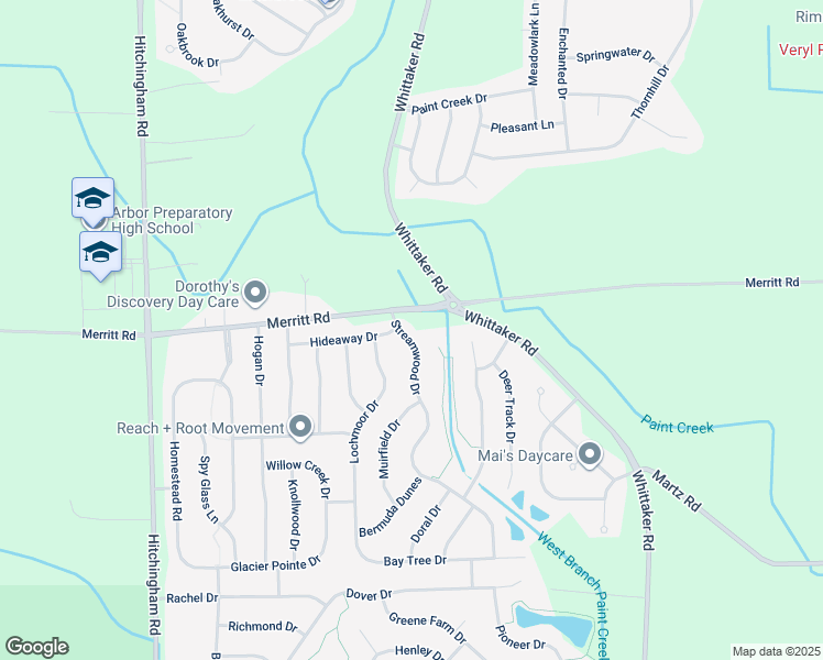 map of restaurants, bars, coffee shops, grocery stores, and more near 7057 Streamwood Drive in Ypsilanti