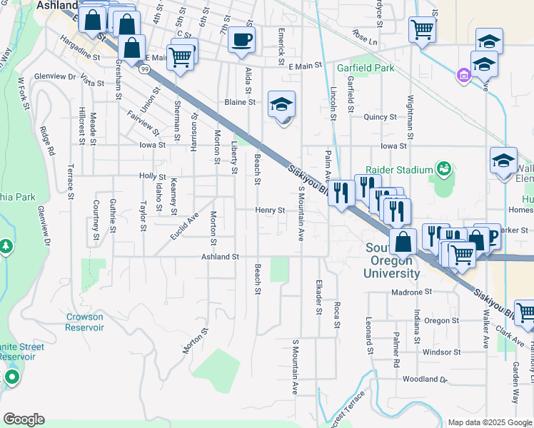 map of restaurants, bars, coffee shops, grocery stores, and more near 1026 Henry Street in Ashland