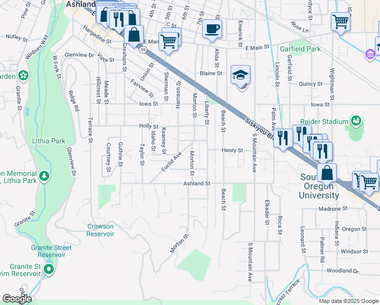map of restaurants, bars, coffee shops, grocery stores, and more near 410 Morton Street in Ashland