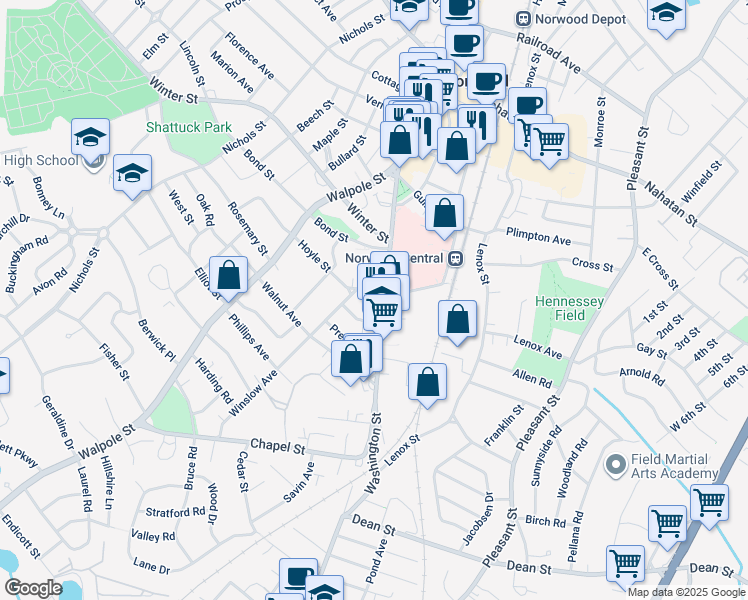 map of restaurants, bars, coffee shops, grocery stores, and more near 68 Hoyle Street in Norwood