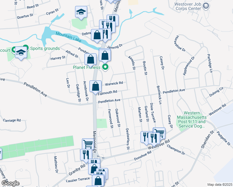 map of restaurants, bars, coffee shops, grocery stores, and more near 75 Falmouth Road in Chicopee