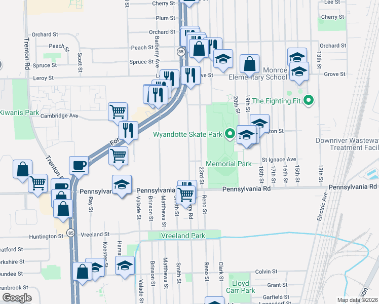 map of restaurants, bars, coffee shops, grocery stores, and more near 16700 Quarry Road in Wyandotte