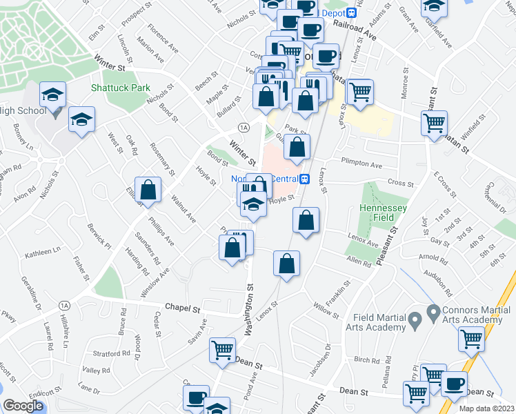 map of restaurants, bars, coffee shops, grocery stores, and more near 846 Washington Street in Norwood
