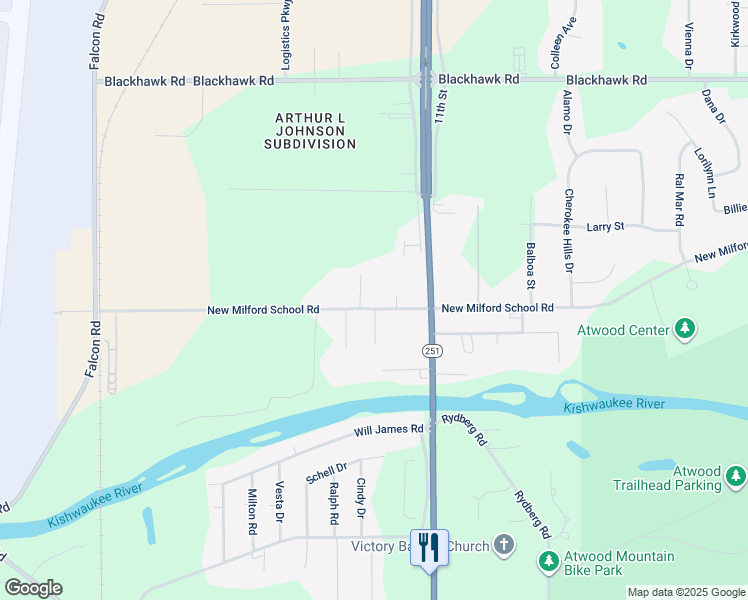 map of restaurants, bars, coffee shops, grocery stores, and more near 2128 New Milford School Road in Rockford